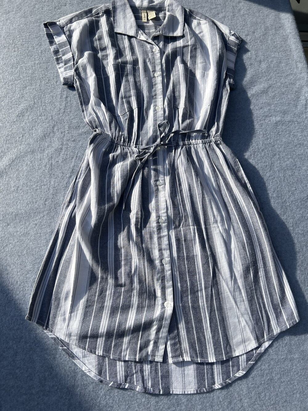 Japna Blue White Striped Shirt Dress Small 100% Cotton Button Front Tie Waist